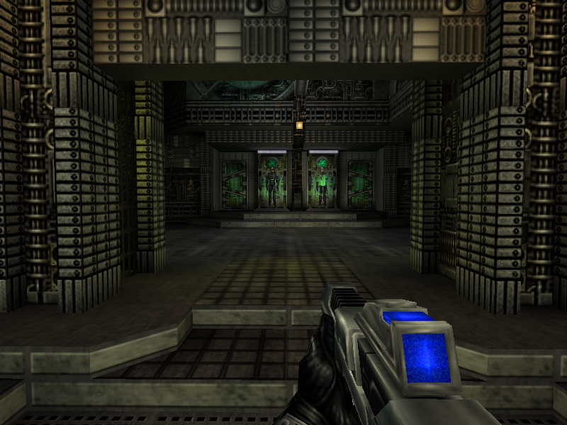 A corridor with a glowing forcefield barrier